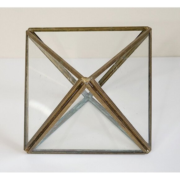 Geometric Brass & Glass Terrarium Succulent Holder Centerpiece Gold Tone Vintage - Picture 3 of 9